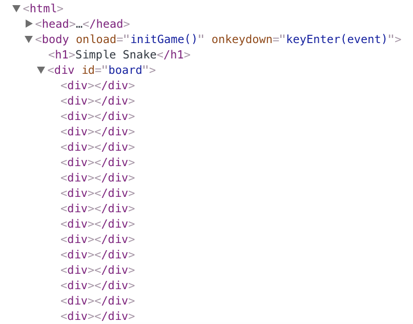 Screenshot of a very long list of div elements in the Chrome dev tools.