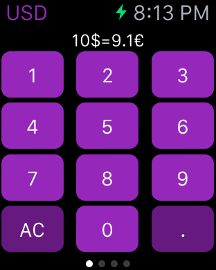 Screenshot of the Apple Watch app Currencer, showing currency conversion