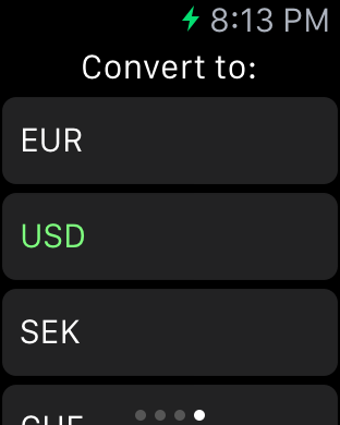 Screenshot of the Apple Watch app Currencer, showing selecting the currency to convert