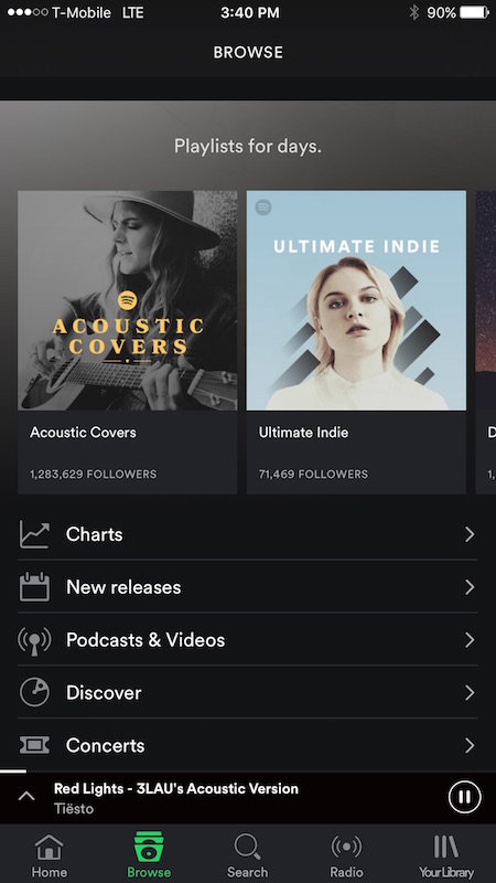 New Spotify interface on iPhone, with navigation bar.
