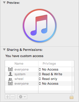 The group everyone has been assigned no access in OSX file info sheet, screenshot from OSX